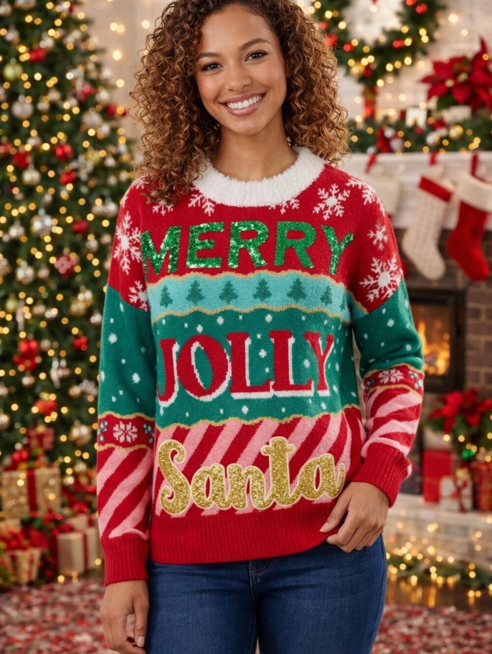Merry Jolly Santa Holiday Crewneck Sweater - Red, Green, Gold